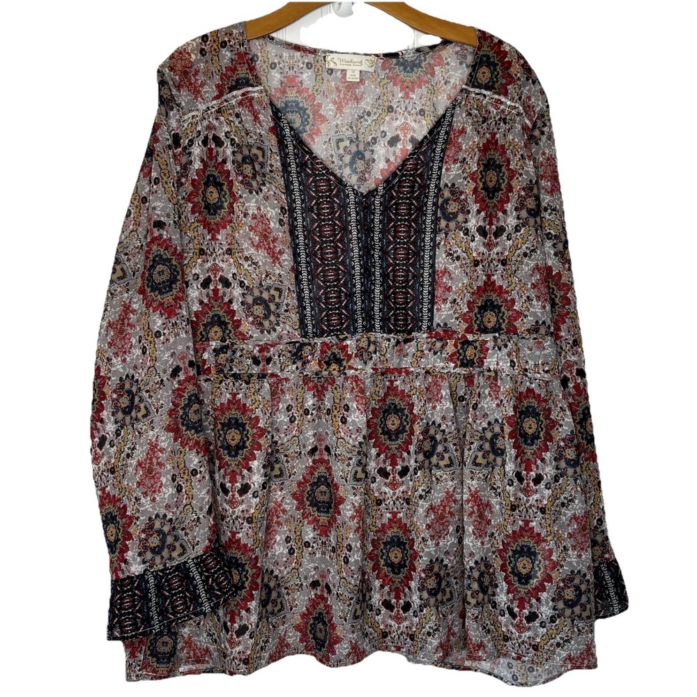 Weekend Suzanne Betro‎ Baby Doll Top 1X Sheer Bell Sleeve Peasant Boho Hippie